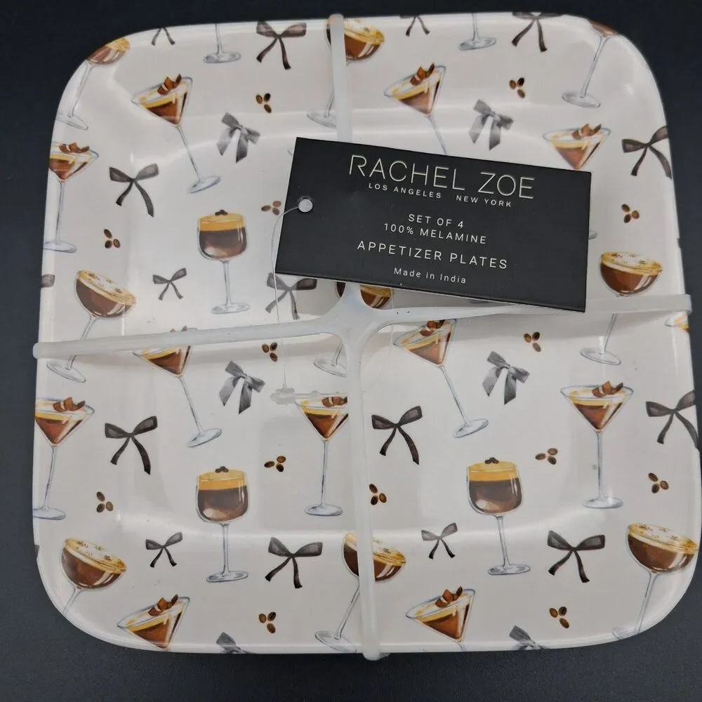 Rachel Zoe Set of 4 Chocolate Martini & Black Bow Melamine Appetizer Plates NEW